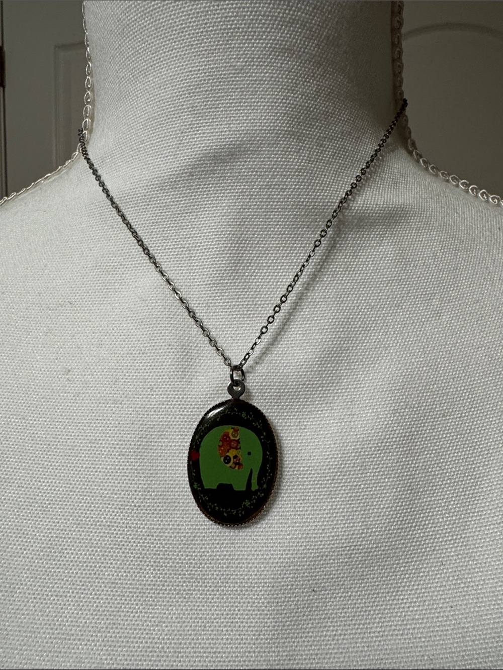 Oval Green Elephant Pendant Necklace